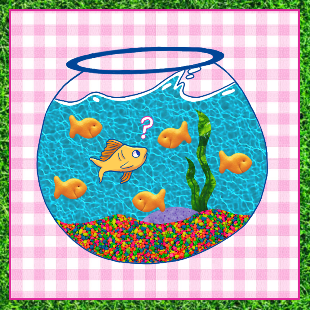 Image of an illustrated goldfish in a bowl with real goldfish crackers