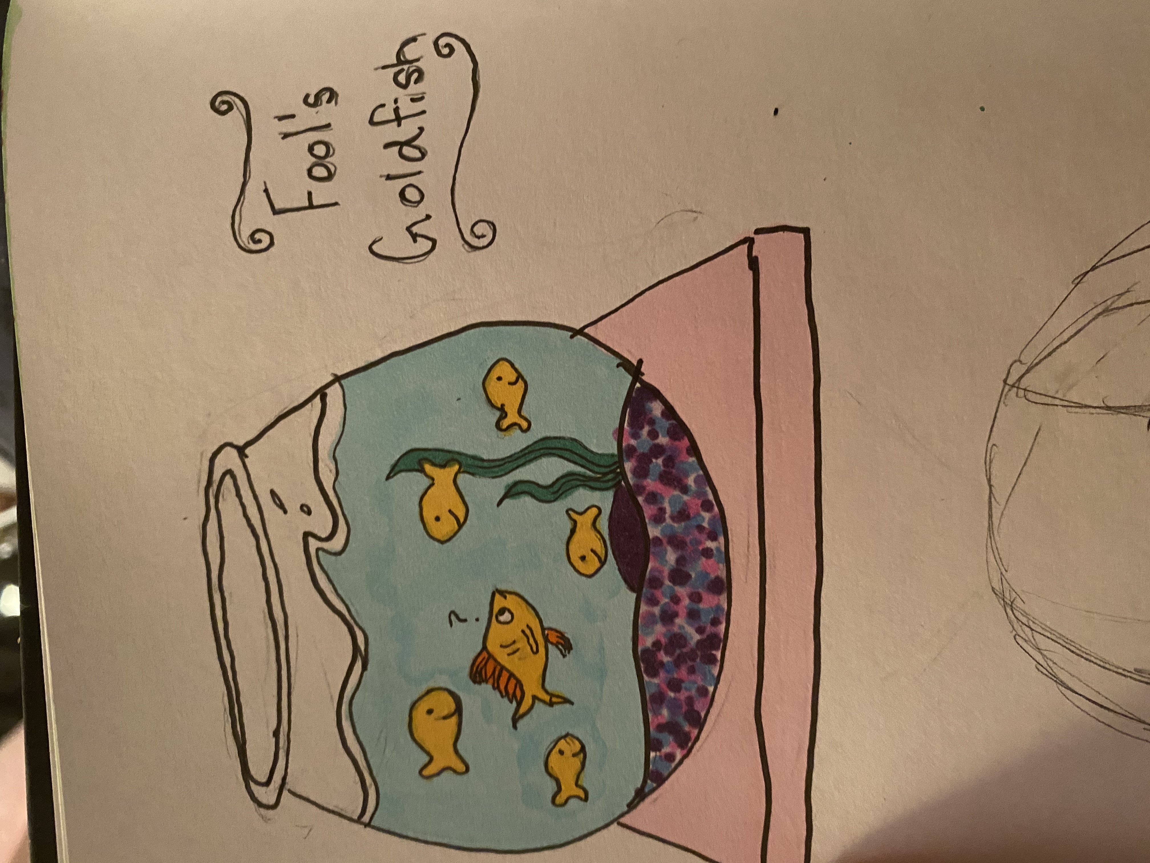Art of a cartoon goldfish in a bowl with fake goldfish