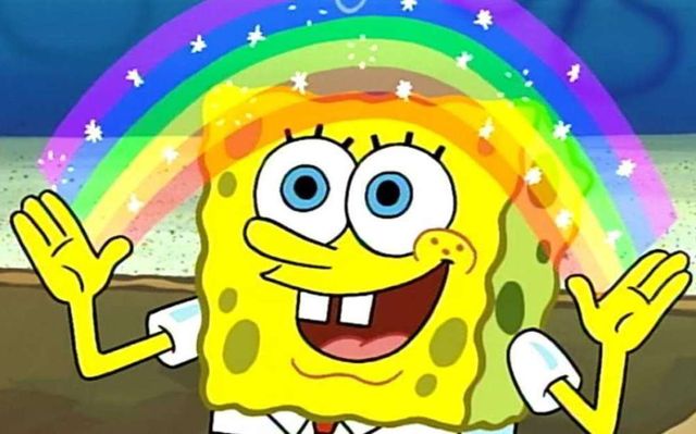 Spongebob makes a rainbow with his hands